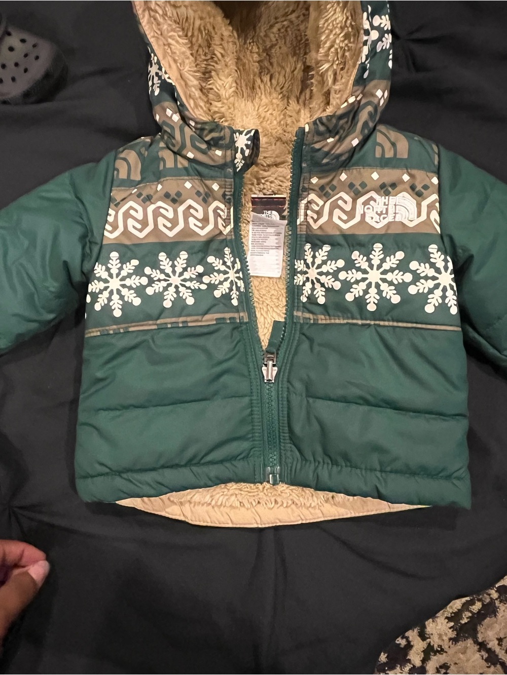 The North Face Kids Green Snowflake Puffer Jacket with Tan Sherpa Hood